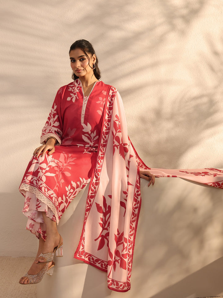 Red Floral Printed Cotton Blend Straight Suit Set With Dupatta