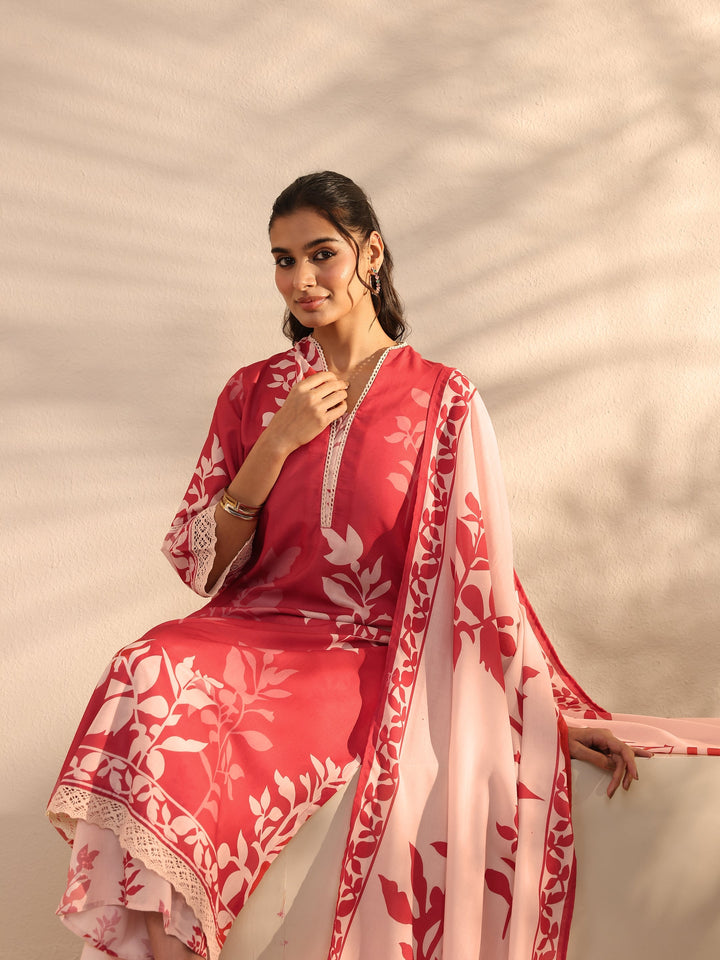 Red Floral Printed Cotton Blend Straight Suit Set With Dupatta