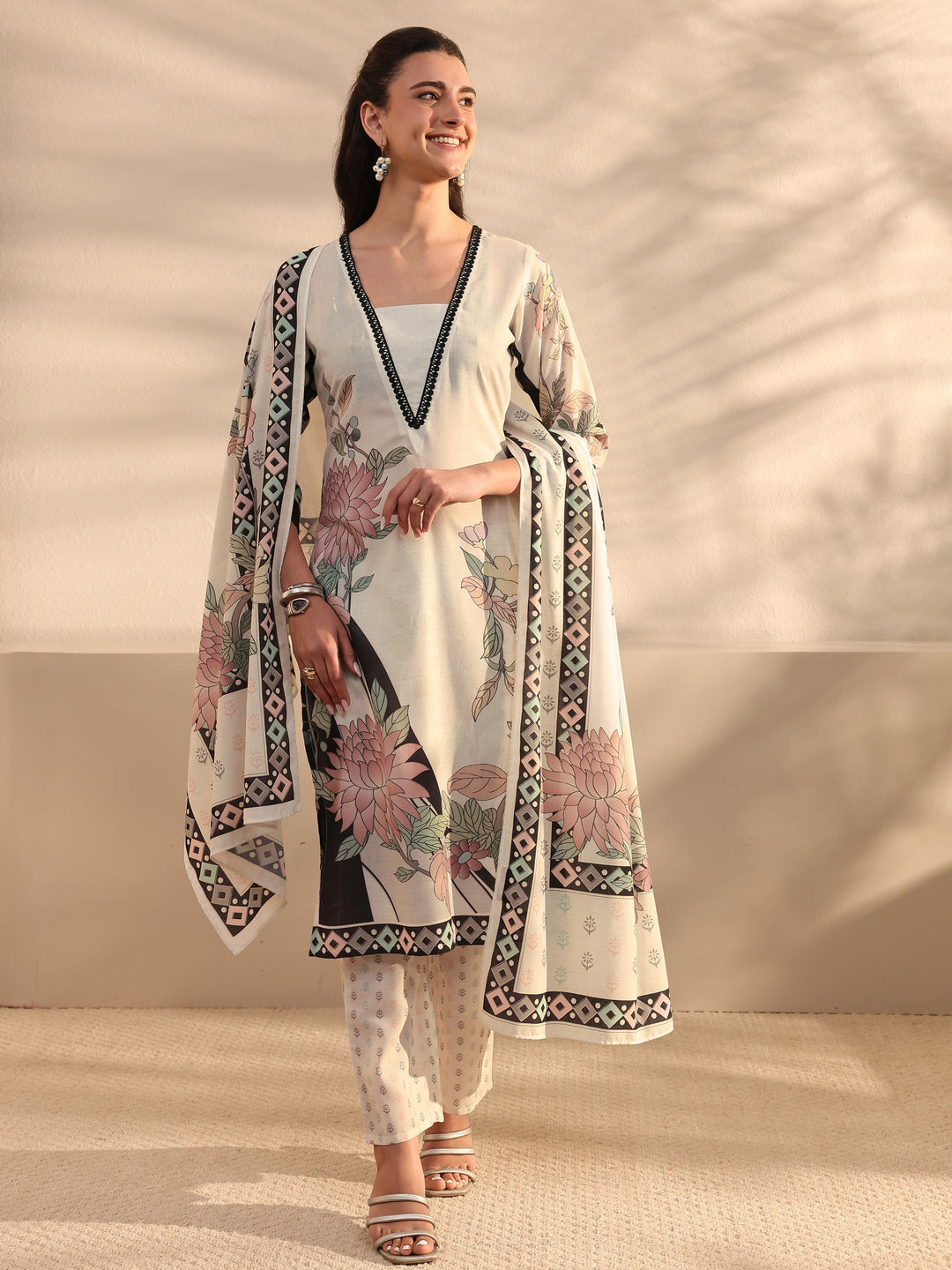 White Floral Printed Cotton Blend Straight Suit Set With Dupatta