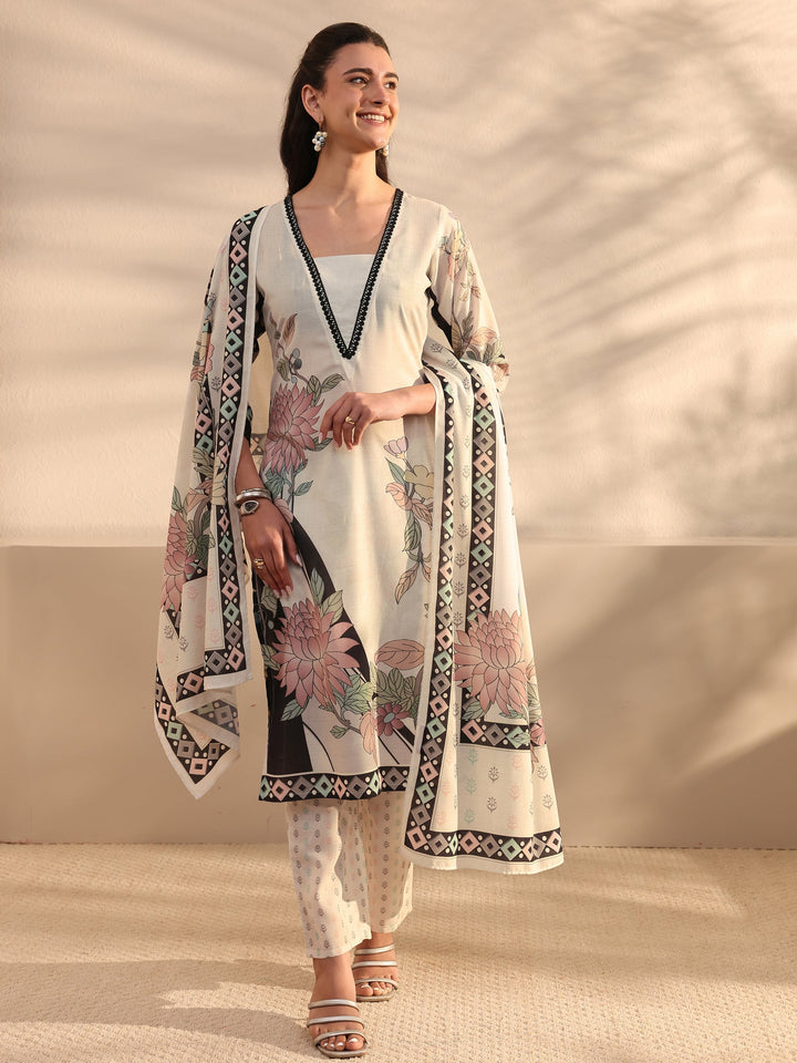 White Floral Printed Cotton Blend Straight Suit Set With Dupatta