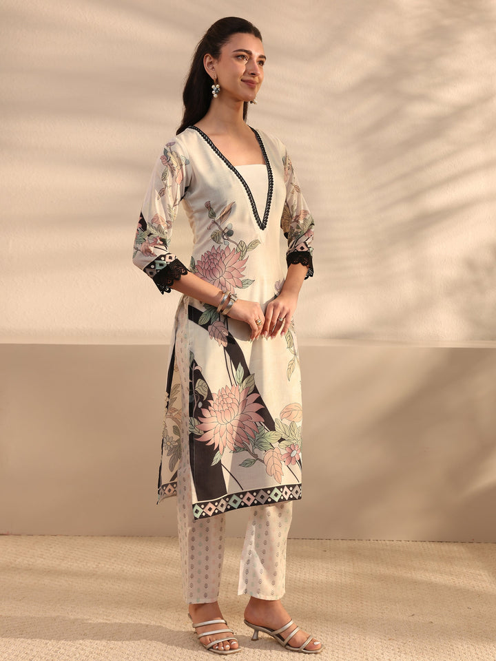 White Floral Printed Cotton Blend Straight Suit Set With Dupatta