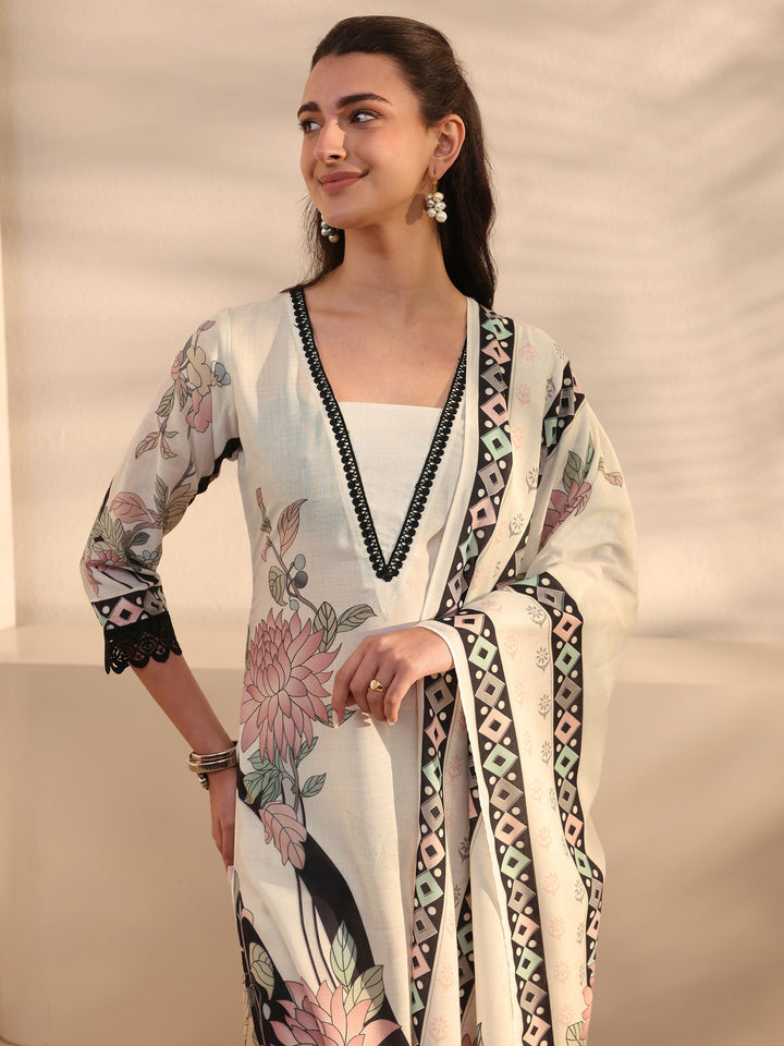 White Floral Printed Cotton Blend Straight Suit Set With Dupatta