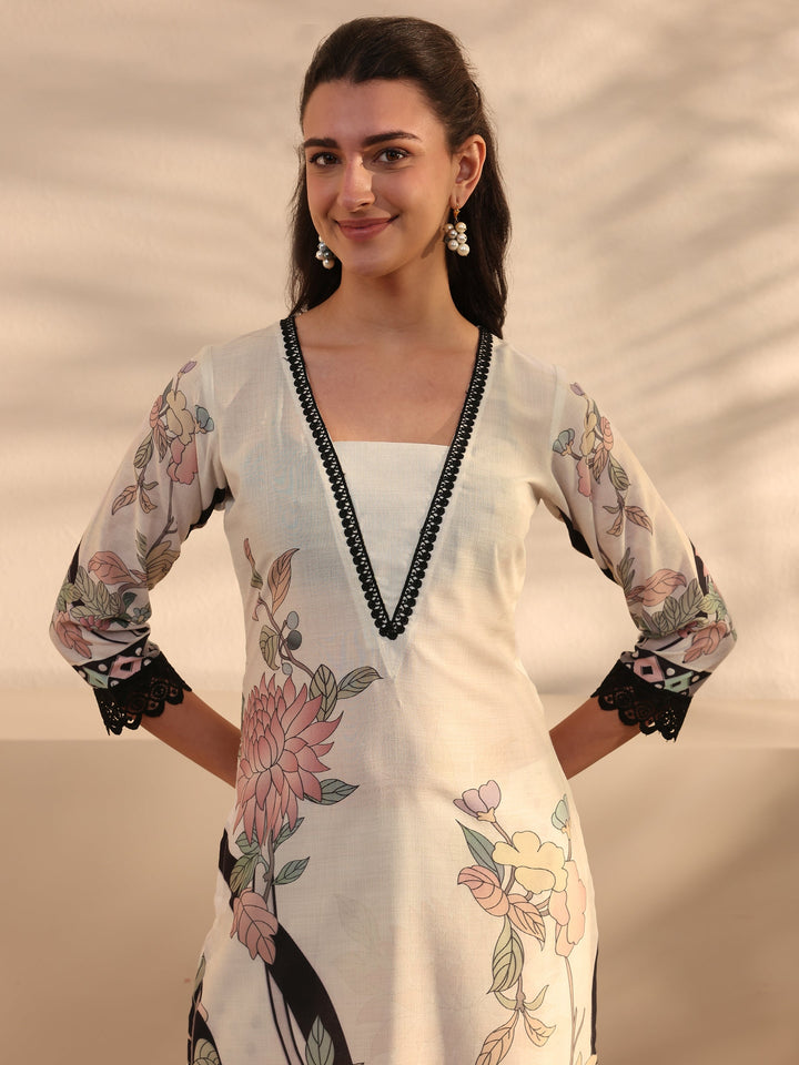 White Floral Printed Cotton Blend Straight Suit Set With Dupatta