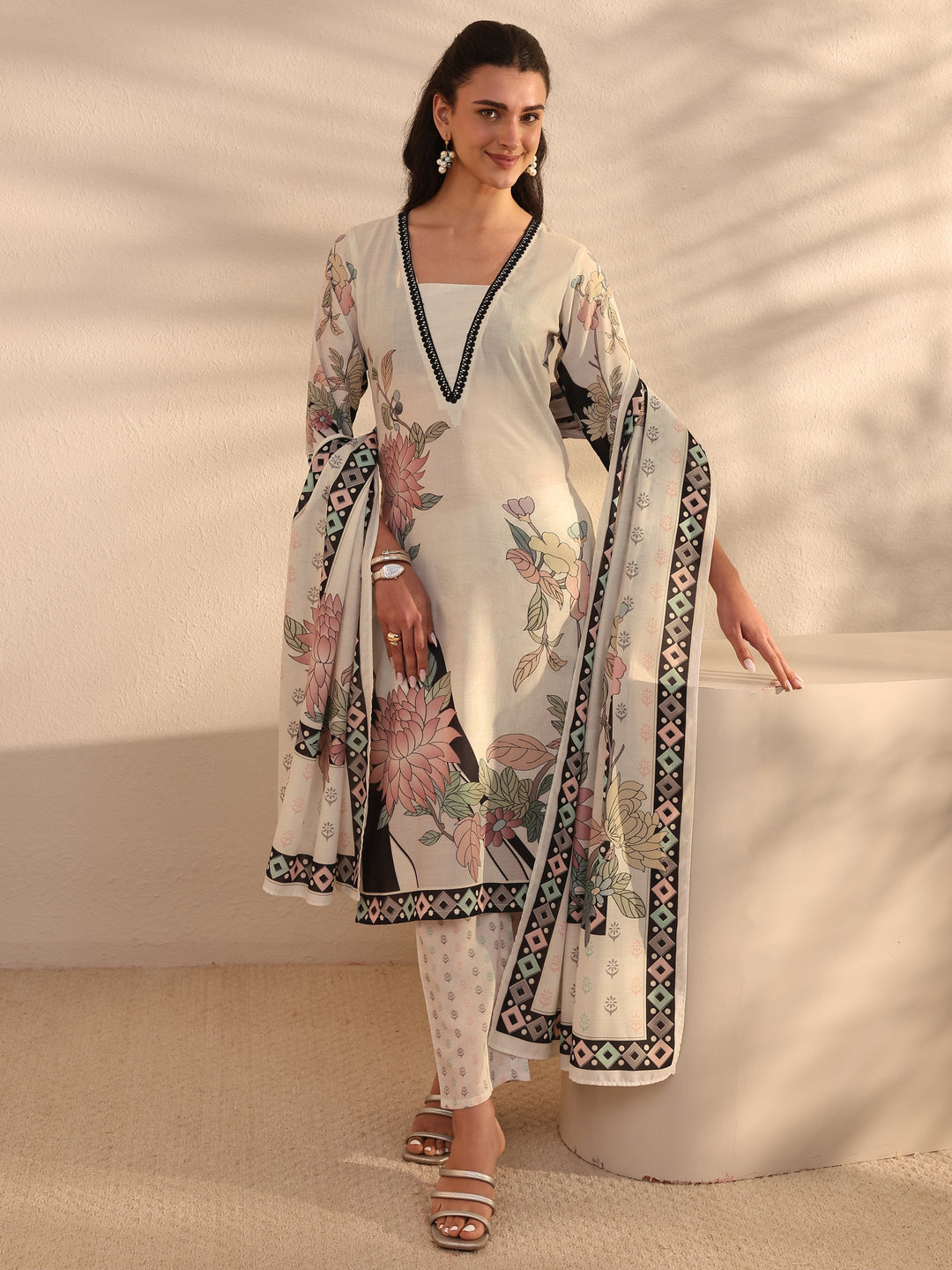 White Floral Printed Cotton Blend Straight Suit Set With Dupatta