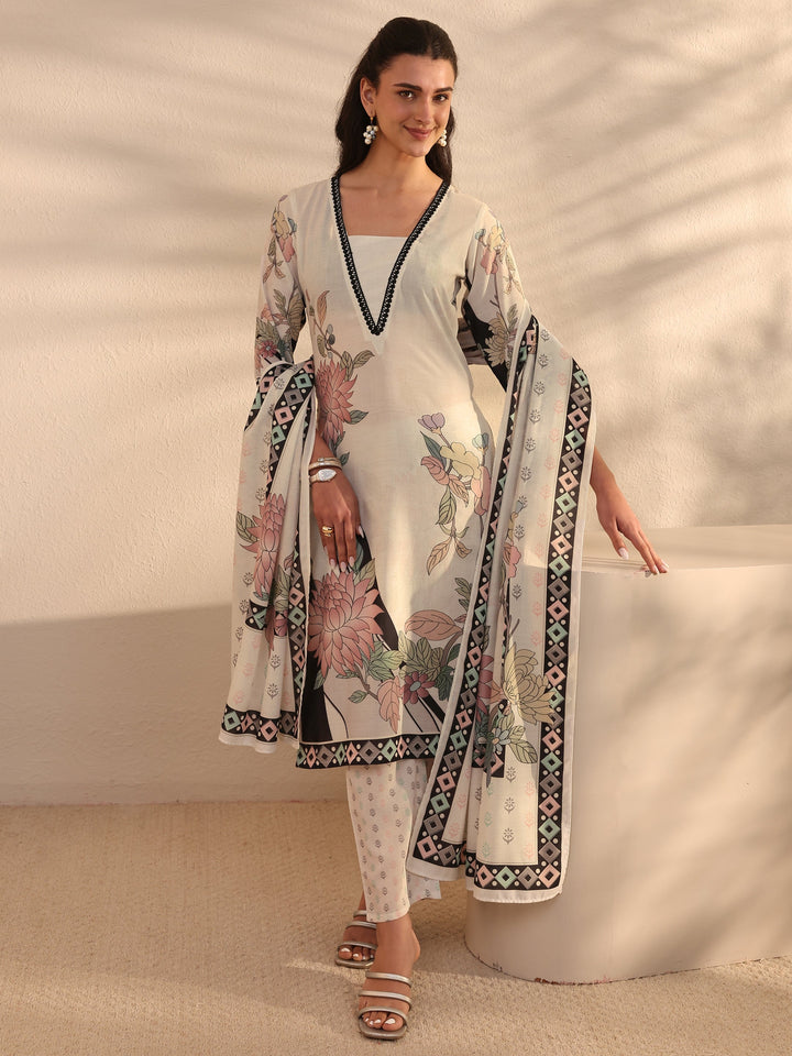White Floral Printed Cotton Blend Straight Suit Set With Dupatta