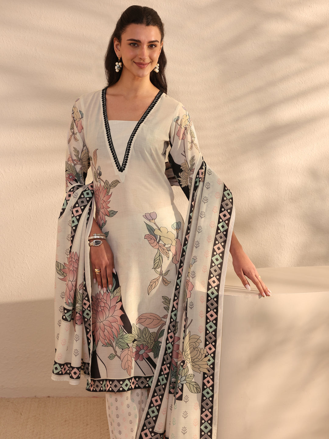 White Floral Printed Cotton Blend Straight Suit Set With Dupatta