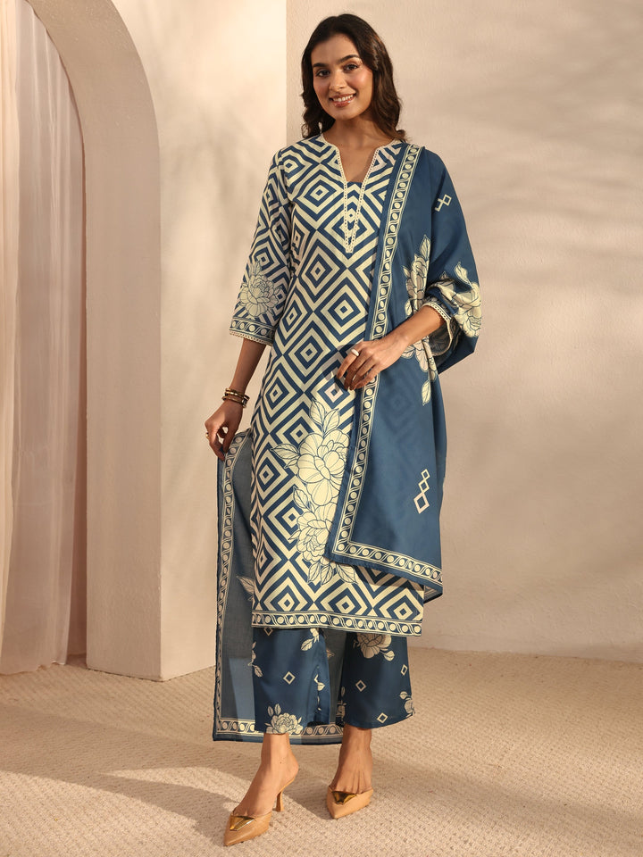 Blue Multi Printed Cotton Blend Straight Suit Set With Dupatta