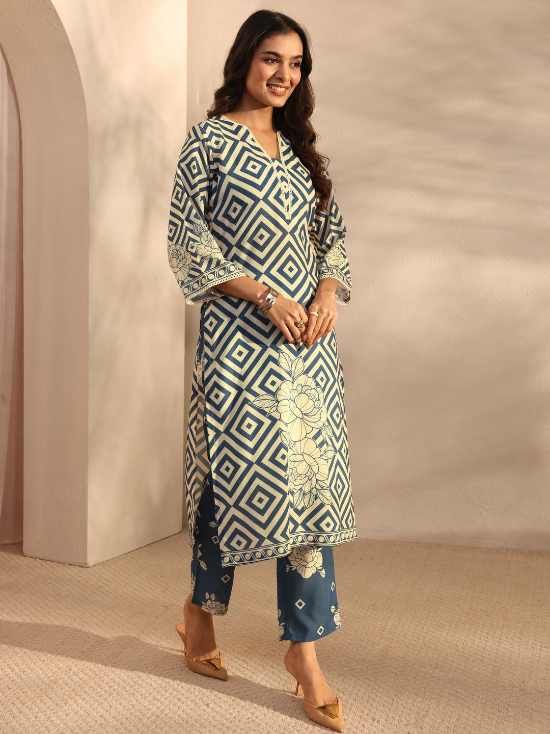 Blue Multi Printed Cotton Blend Straight Suit Set With Dupatta
