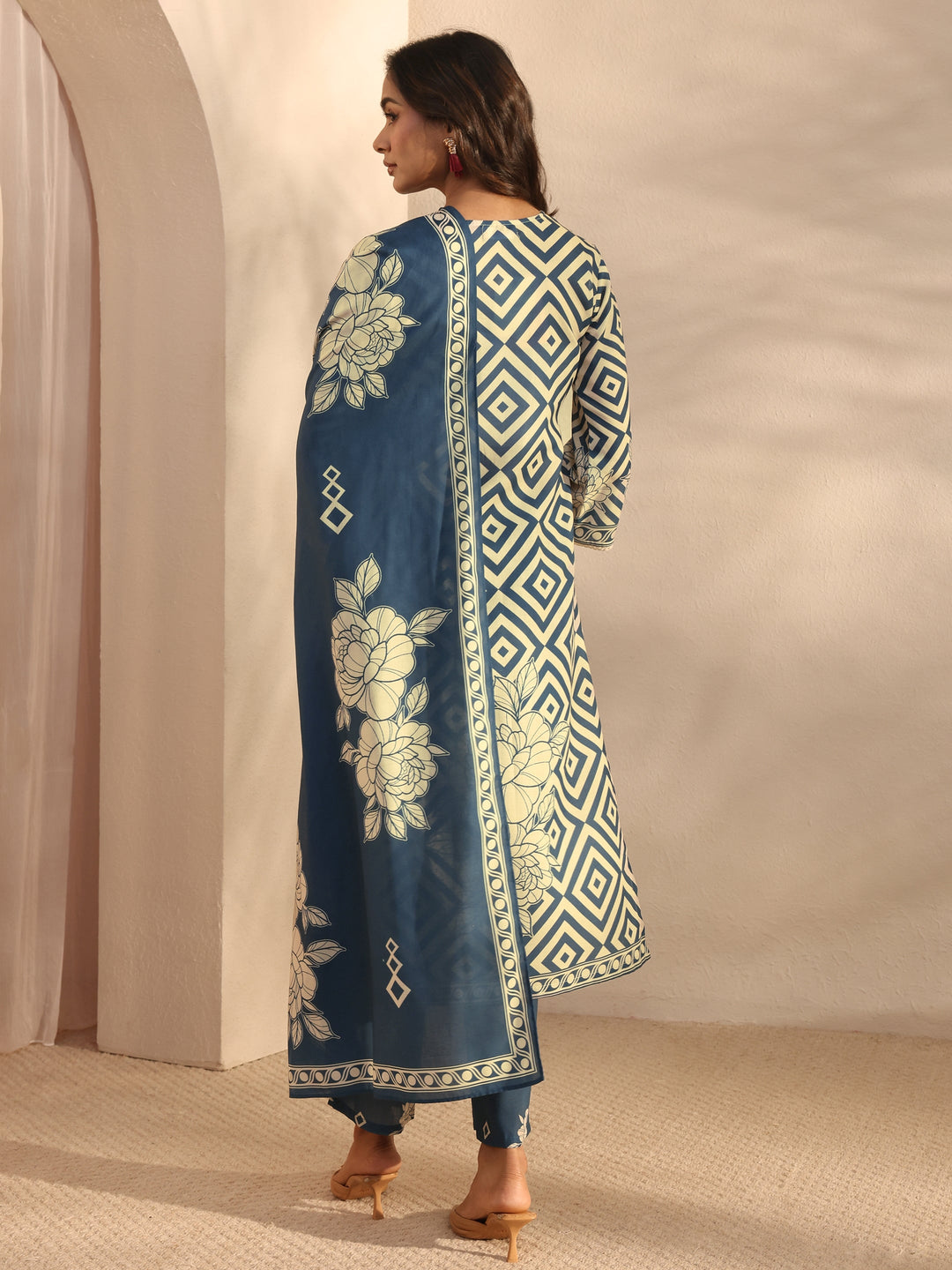Blue Multi Printed Cotton Blend Straight Suit Set With Dupatta