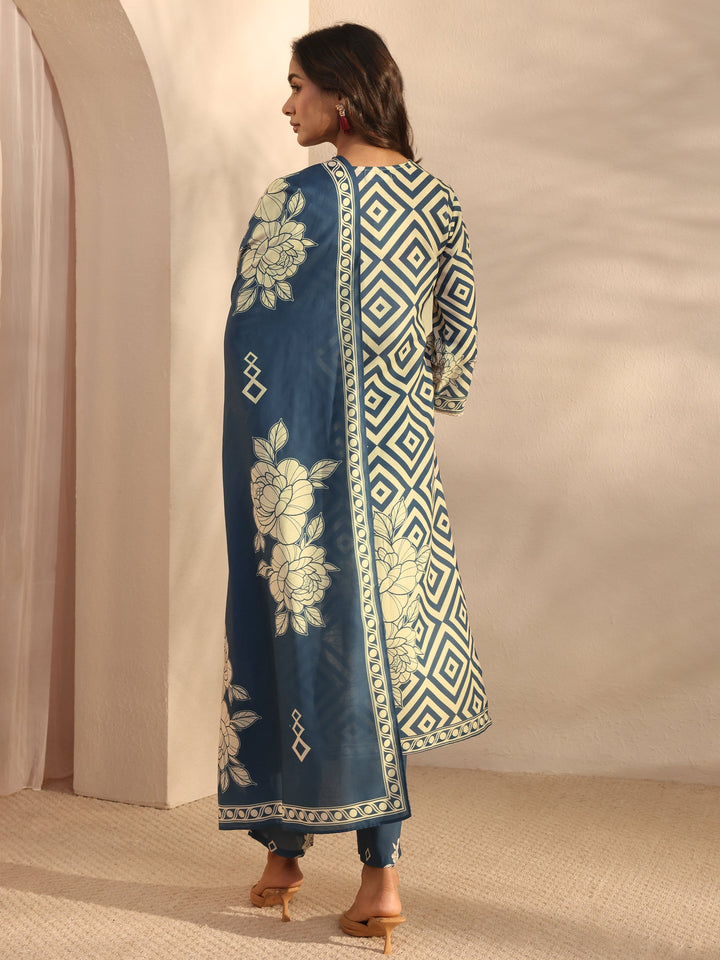Blue Multi Printed Cotton Blend Straight Suit Set With Dupatta