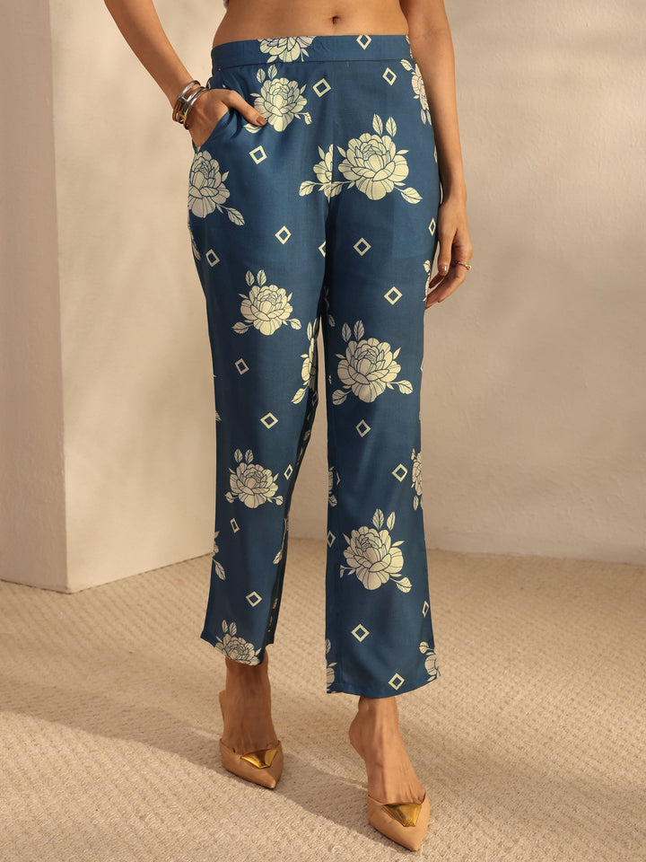 Blue Multi Printed Cotton Blend Straight Suit Set With Dupatta