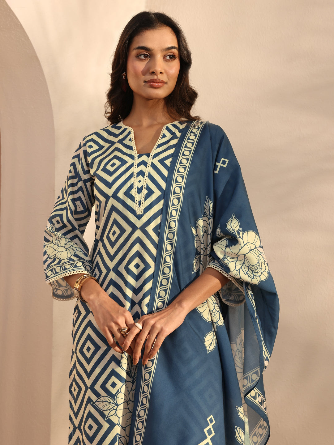 Blue Multi Printed Cotton Blend Straight Suit Set With Dupatta