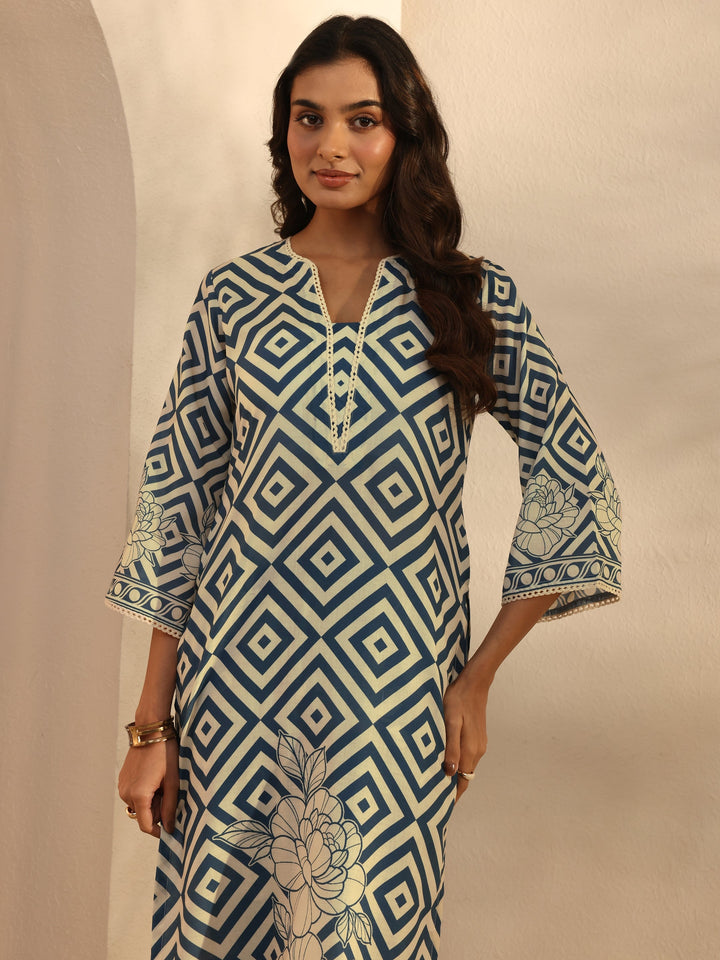 Blue Multi Printed Cotton Blend Straight Suit Set With Dupatta