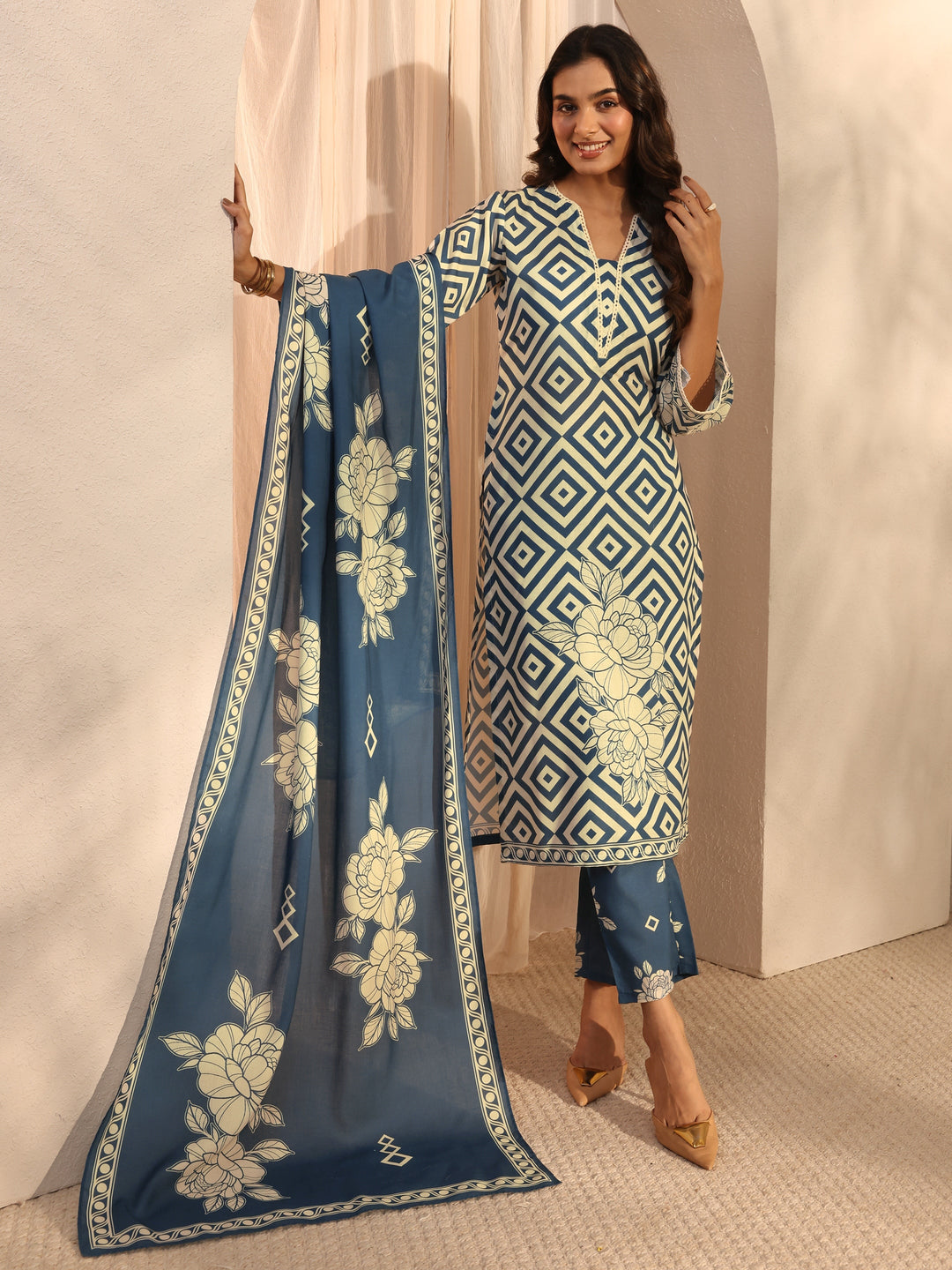 Blue Multi Printed Cotton Blend Straight Suit Set With Dupatta