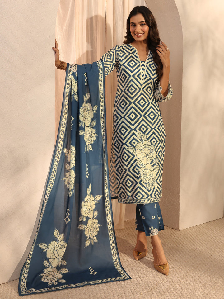 Blue Multi Printed Cotton Blend Straight Suit Set With Dupatta