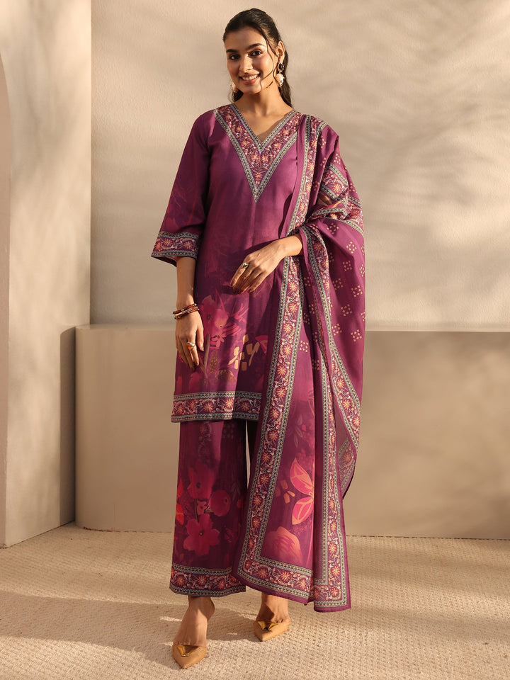 Burgundy Floral Printed Cotton Blend Straight Suit Set With Dupatta