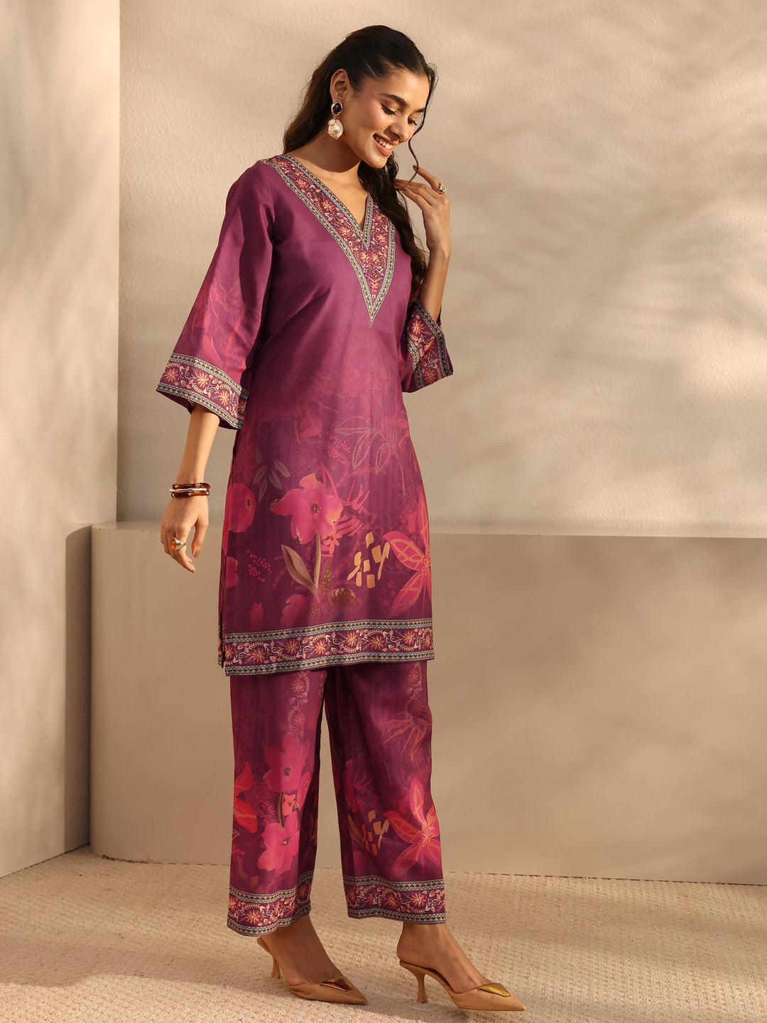 Burgundy Floral Printed Cotton Blend Straight Suit Set With Dupatta