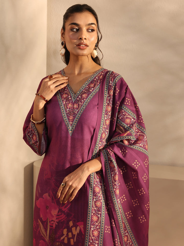 Burgundy Floral Printed Cotton Blend Straight Suit Set With Dupatta