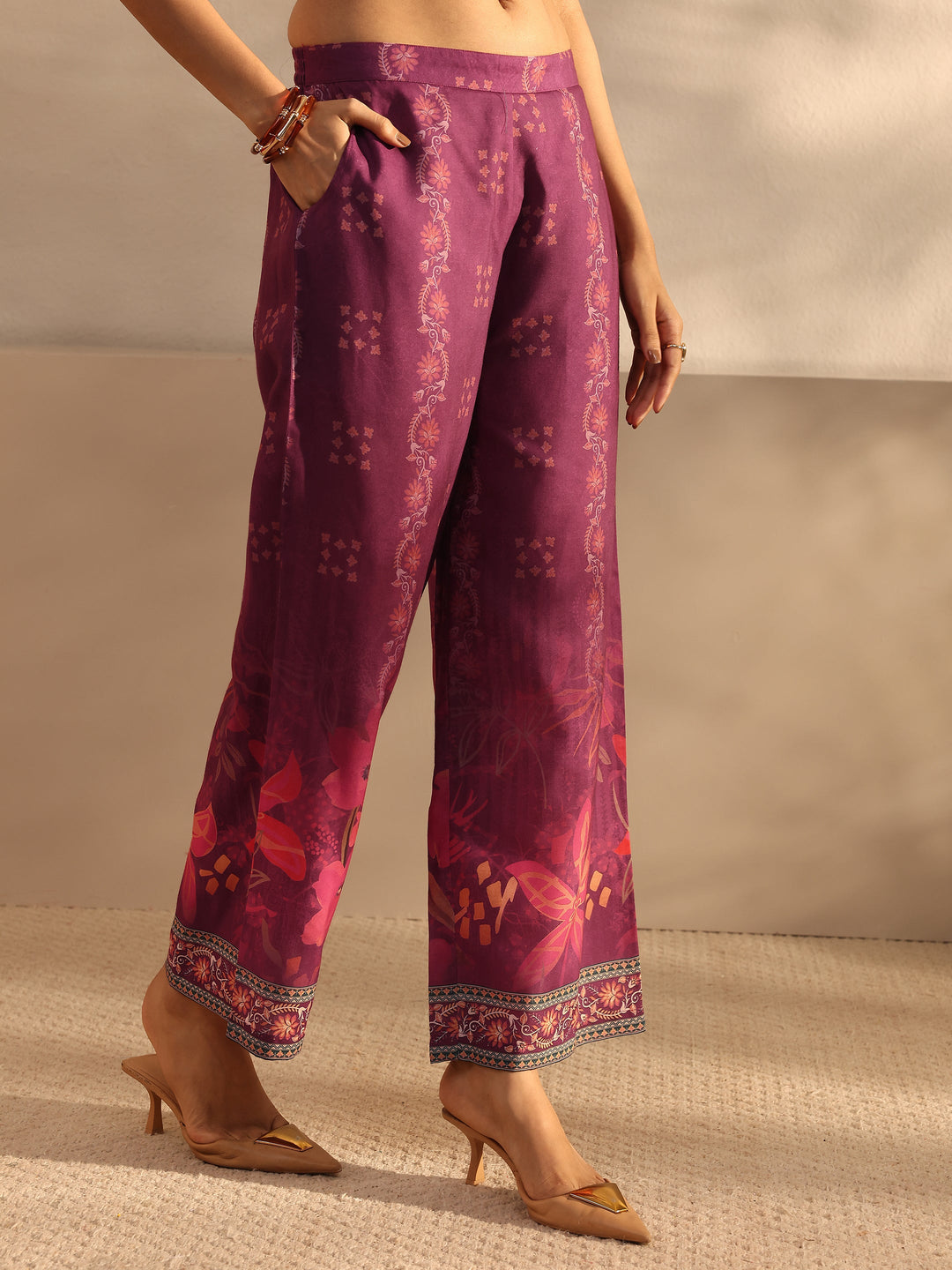 Burgundy Floral Printed Cotton Blend Straight Suit Set With Dupatta