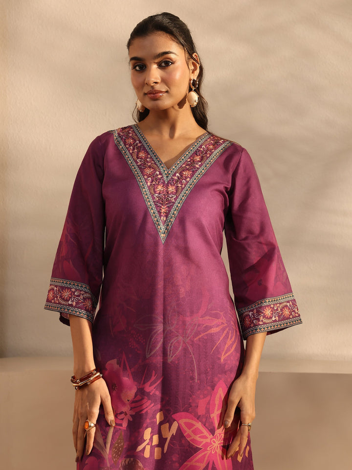 Burgundy Floral Printed Cotton Blend Straight Suit Set With Dupatta