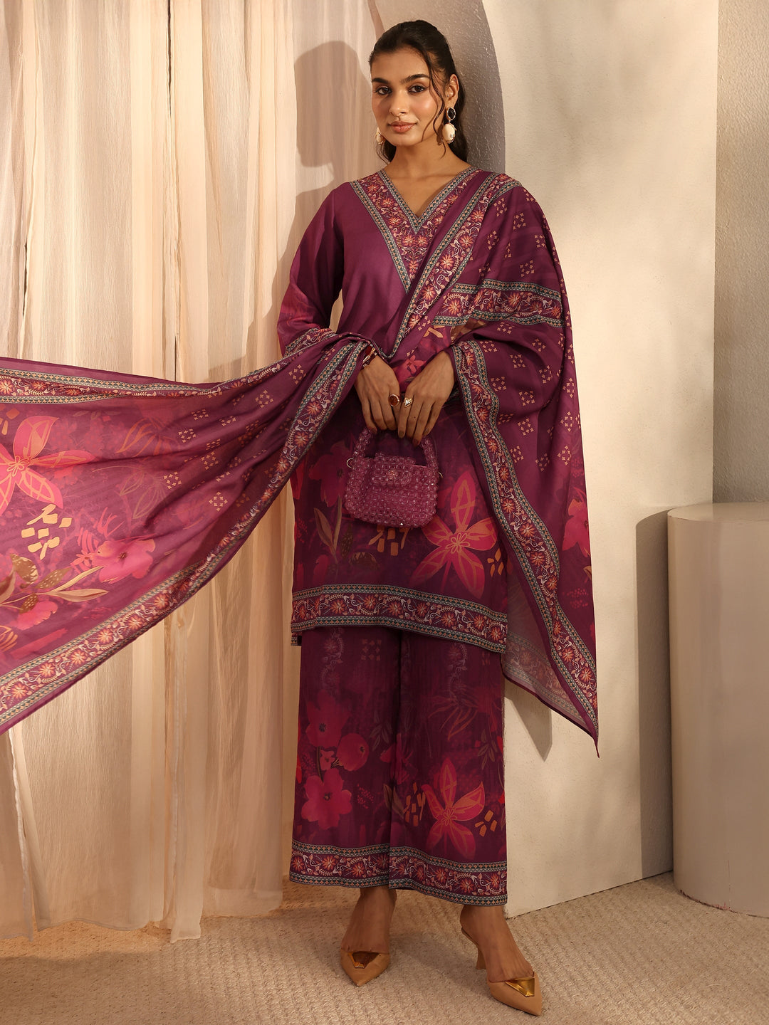 Burgundy Floral Printed Cotton Blend Straight Suit Set With Dupatta
