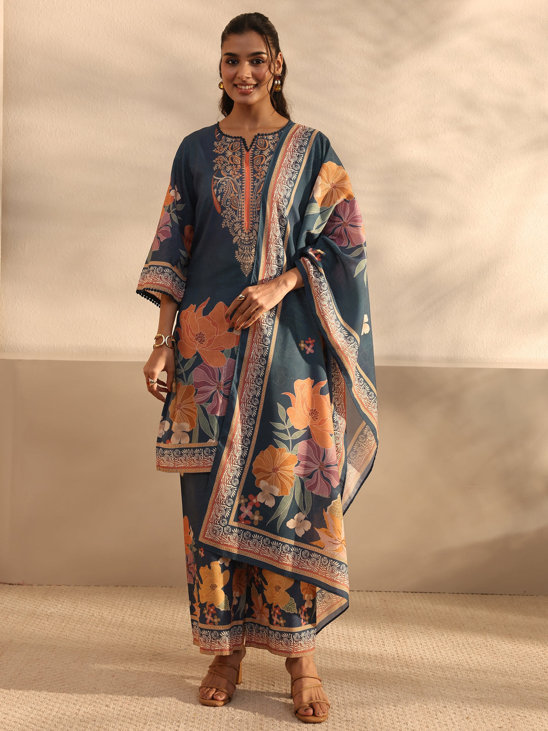 Blue Floral Printed Cotton Blend Straight Suit Set With Dupatta