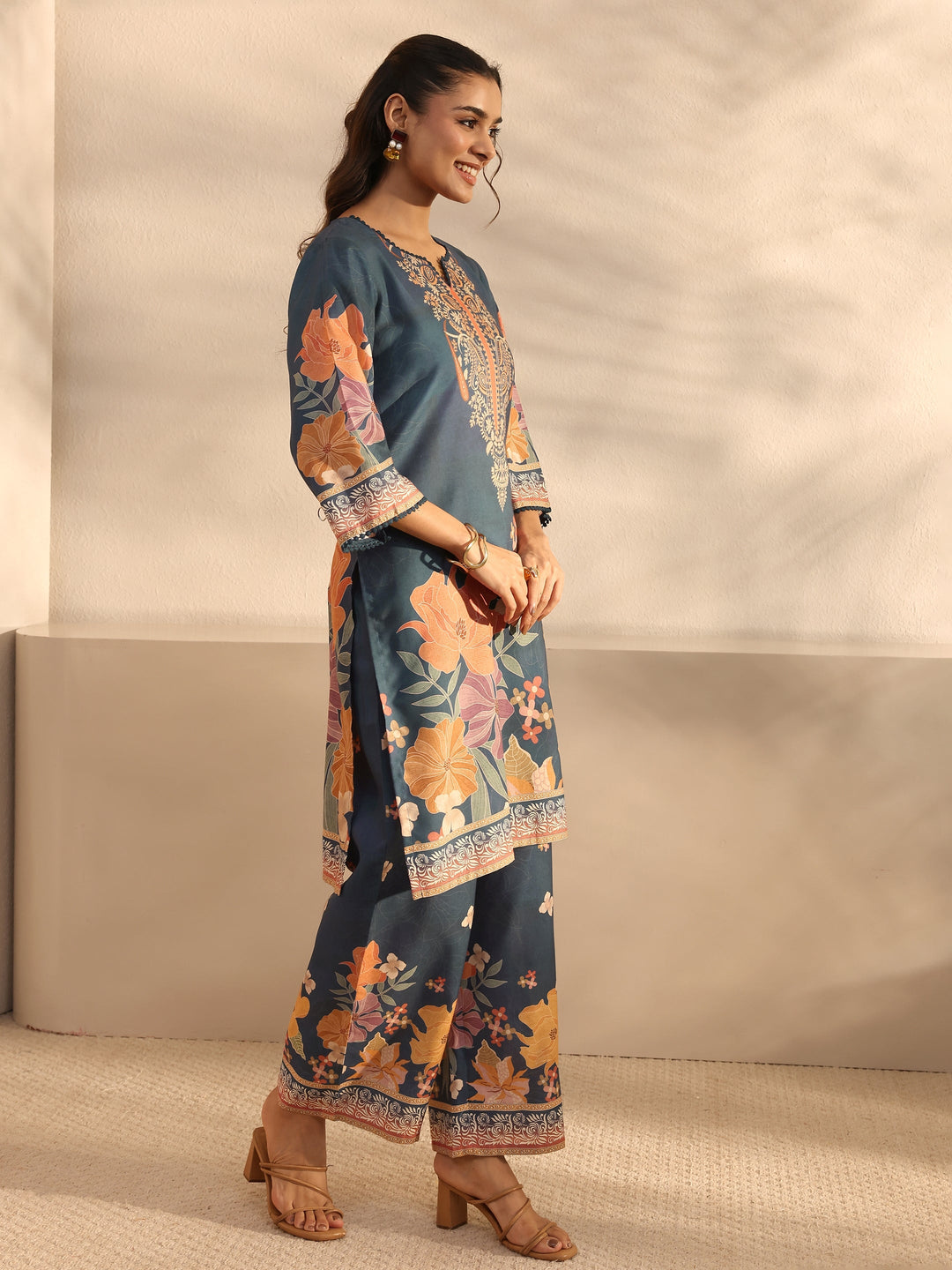 Blue Floral Printed Cotton Blend Straight Suit Set With Dupatta