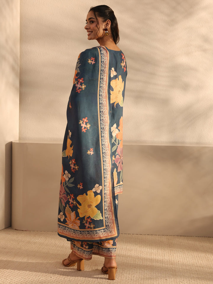Blue Floral Printed Cotton Blend Straight Suit Set With Dupatta