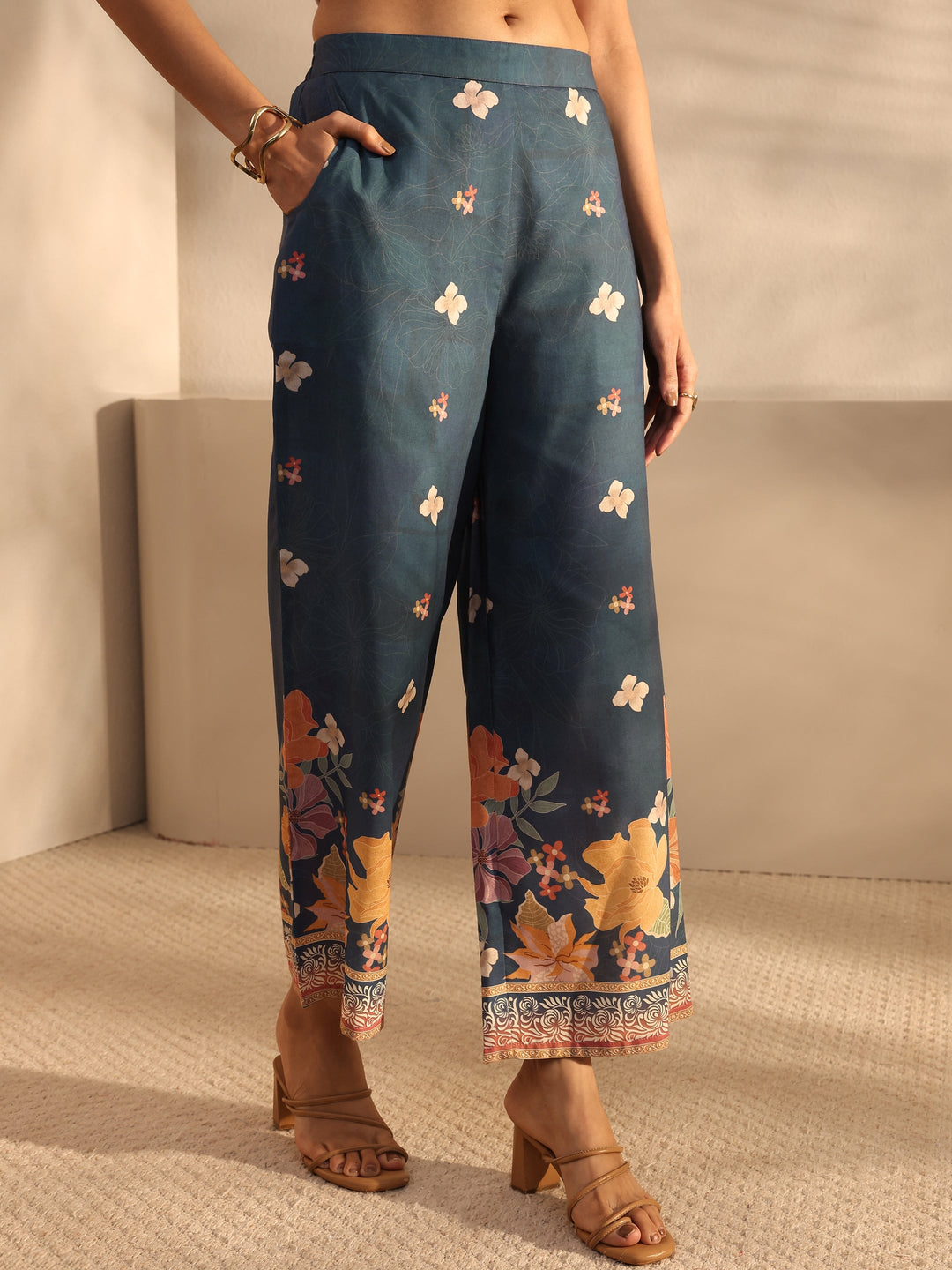 Blue Floral Printed Cotton Blend Straight Suit Set With Dupatta