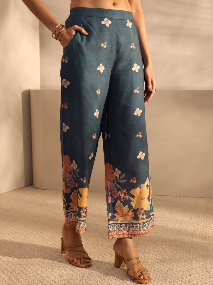 Blue Floral Printed Cotton Blend Straight Suit Set With Dupatta