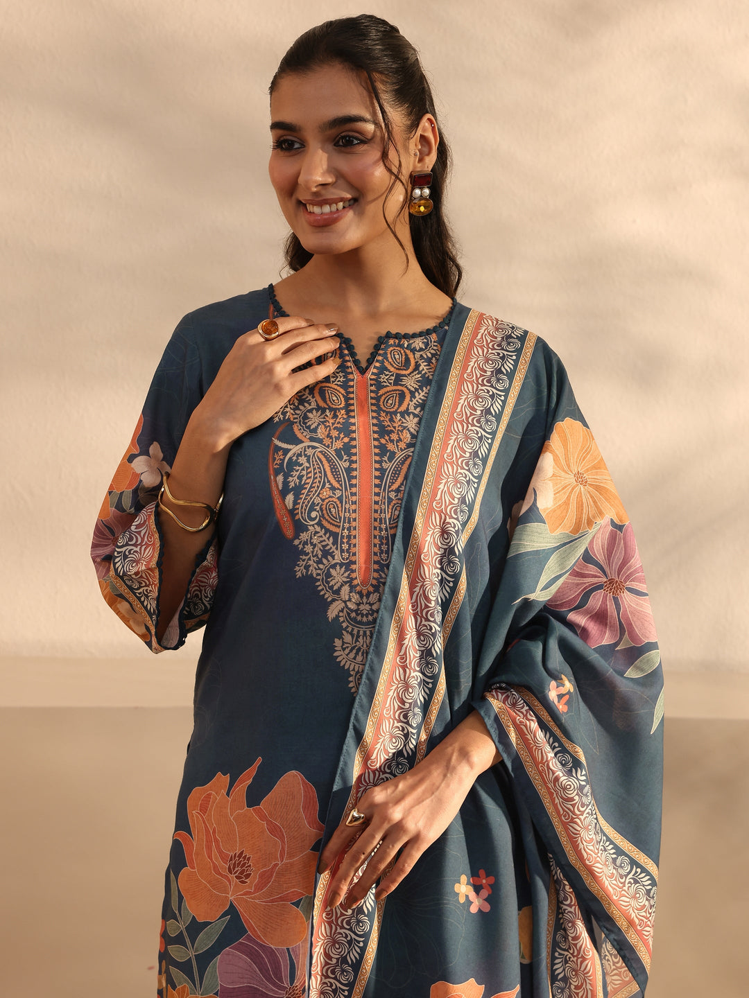 Blue Floral Printed Cotton Blend Straight Suit Set With Dupatta