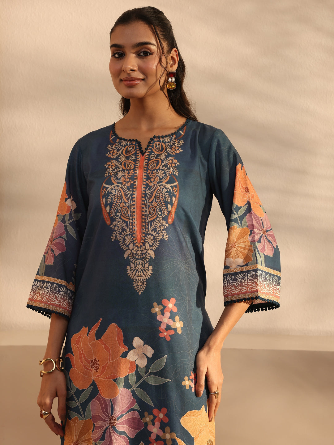 Blue Floral Printed Cotton Blend Straight Suit Set With Dupatta