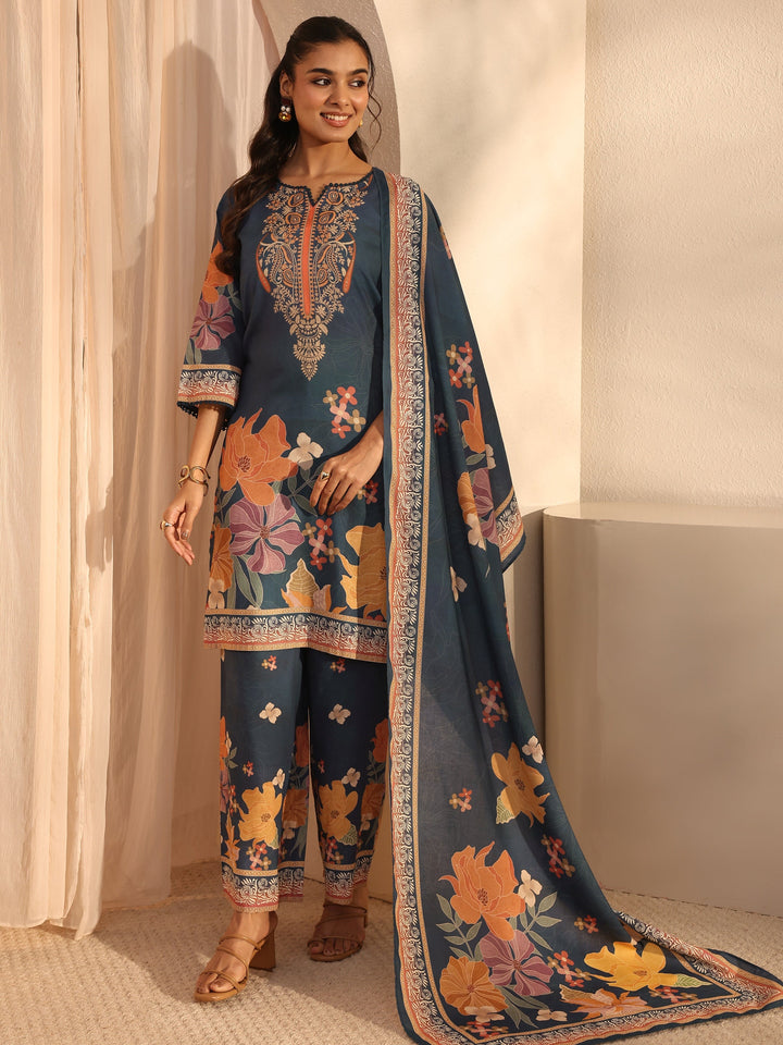 Blue Floral Printed Cotton Blend Straight Suit Set With Dupatta