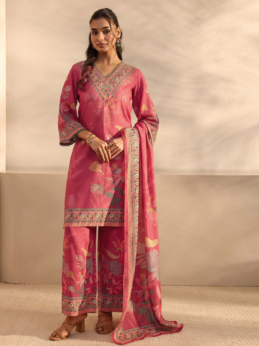 Red Floral Printed Cotton Blend Straight Suit Set With Dupatta