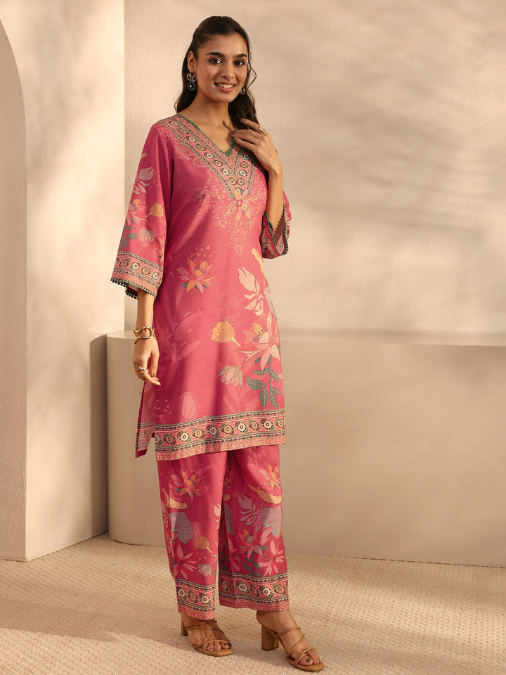 Red Floral Printed Cotton Blend Straight Suit Set With Dupatta