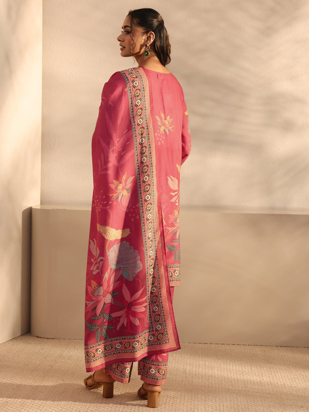 Red Floral Printed Cotton Blend Straight Suit Set With Dupatta