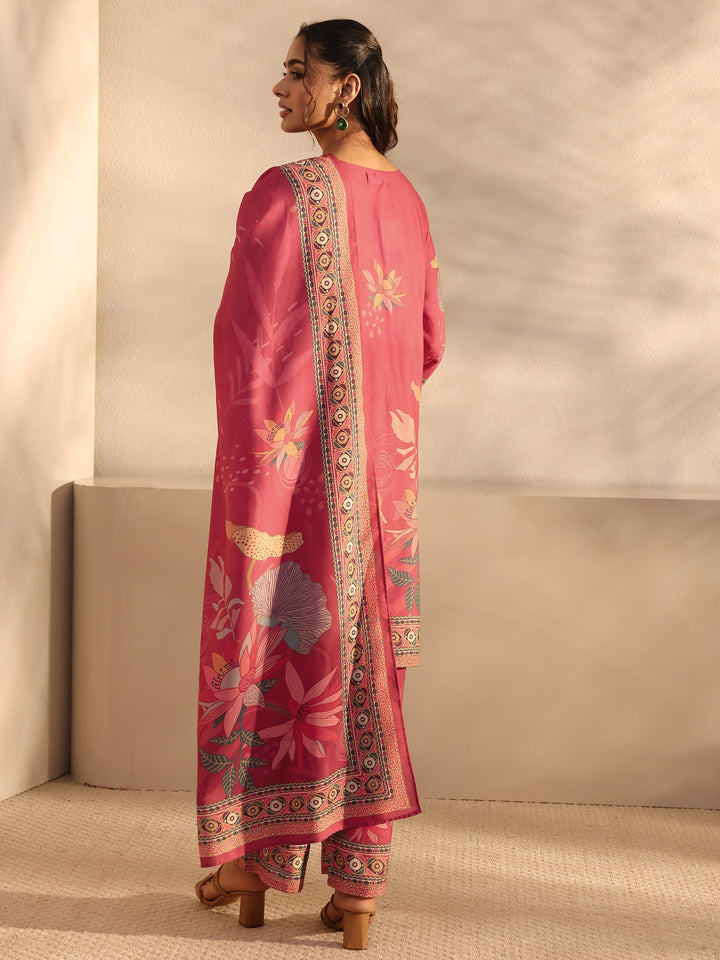 Red Floral Printed Cotton Blend Straight Suit Set With Dupatta