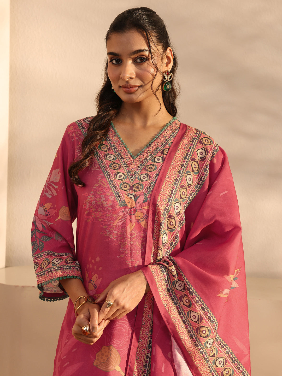 Red Floral Printed Cotton Blend Straight Suit Set With Dupatta