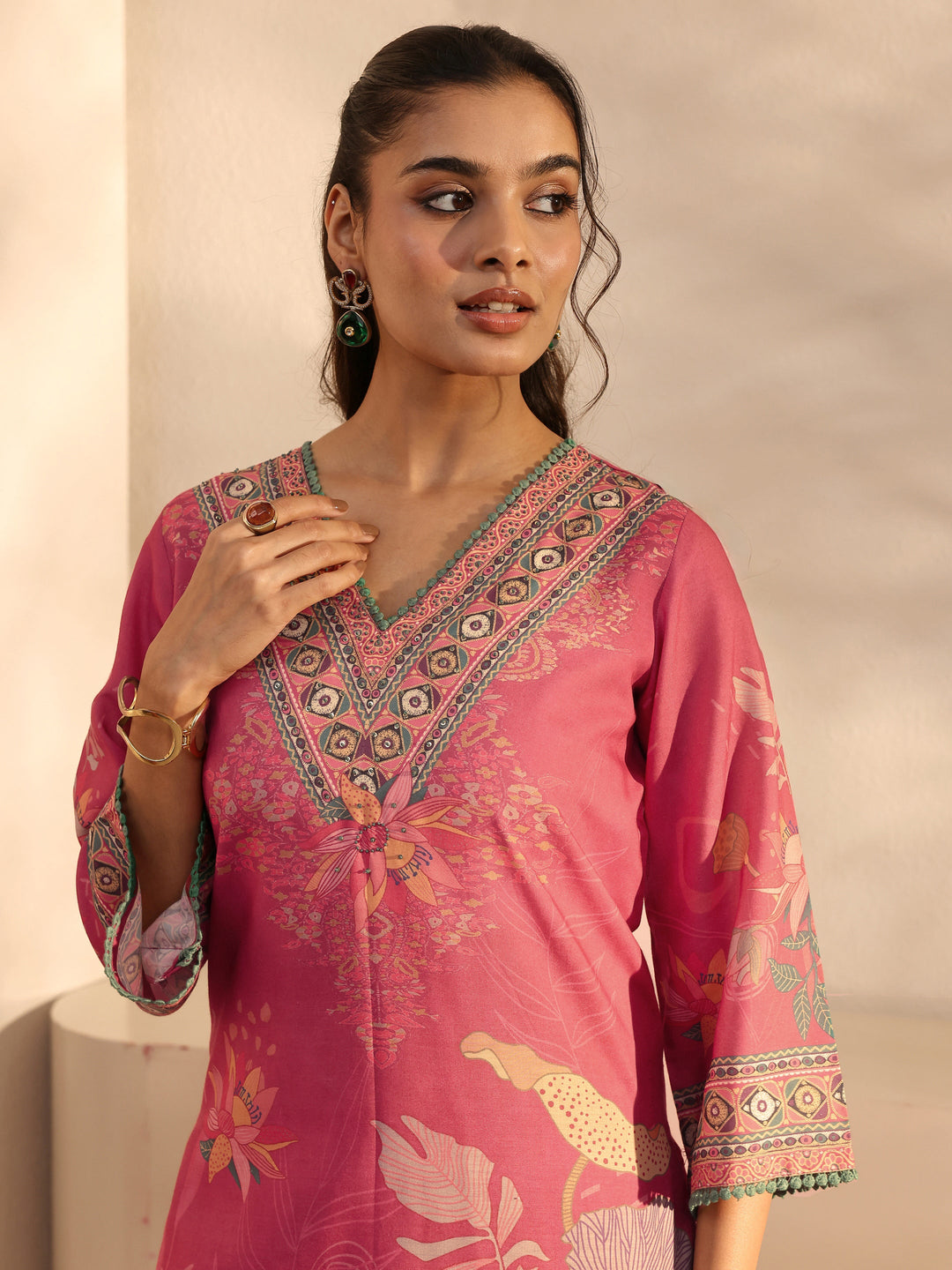 Red Floral Printed Cotton Blend Straight Suit Set With Dupatta