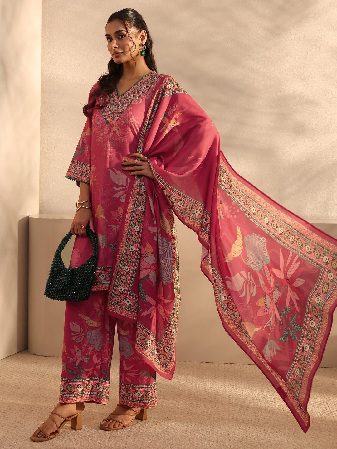 Red Floral Printed Cotton Blend Straight Suit Set With Dupatta
