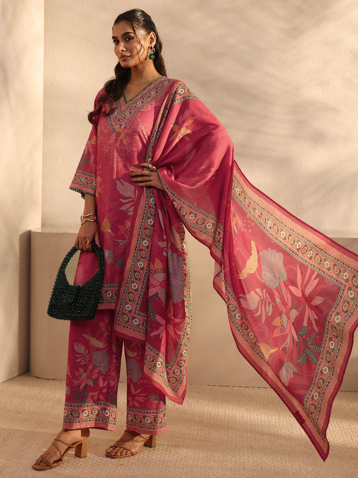 Red Floral Printed Cotton Blend Straight Suit Set With Dupatta