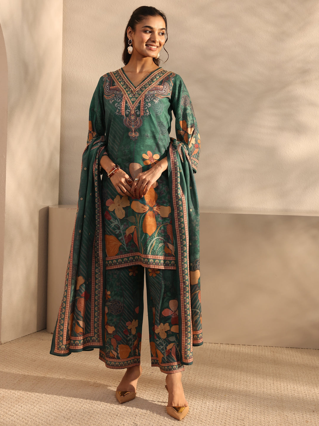 Teal Floral Printed Cotton Blend Straight Suit Set With Dupatta