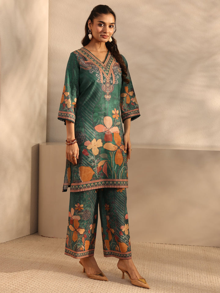 Teal Floral Printed Cotton Blend Straight Suit Set With Dupatta