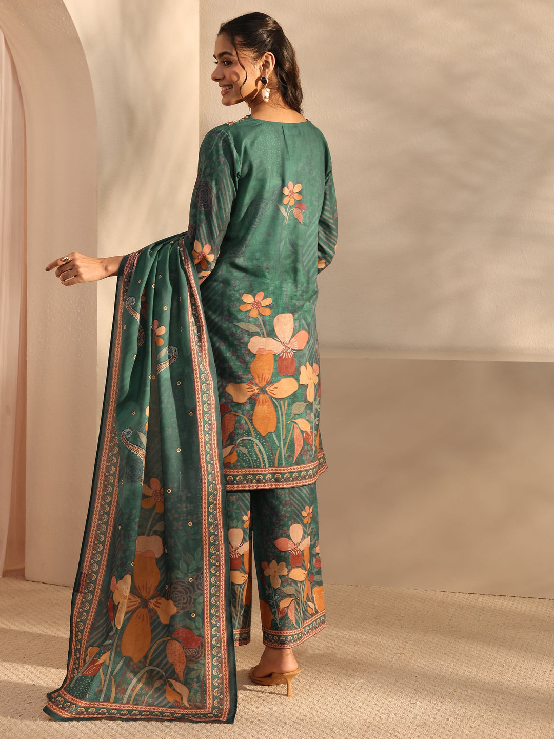 Teal Floral Printed Cotton Blend Straight Suit Set With Dupatta