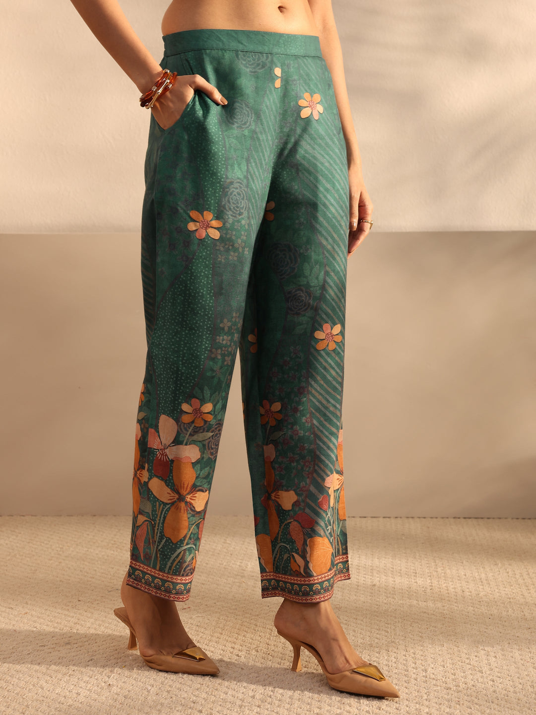Teal Floral Printed Cotton Blend Straight Suit Set With Dupatta