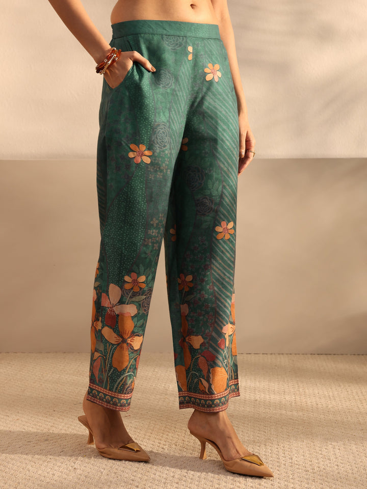 Teal Floral Printed Cotton Blend Straight Suit Set With Dupatta