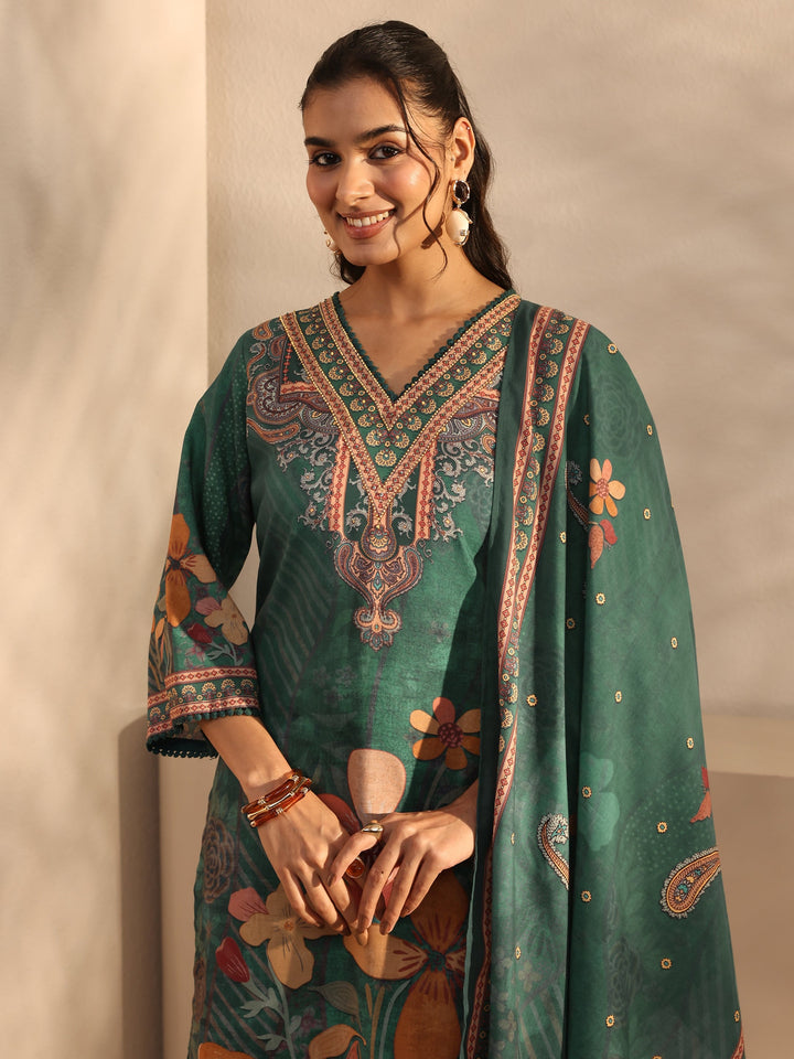 Teal Floral Printed Cotton Blend Straight Suit Set With Dupatta