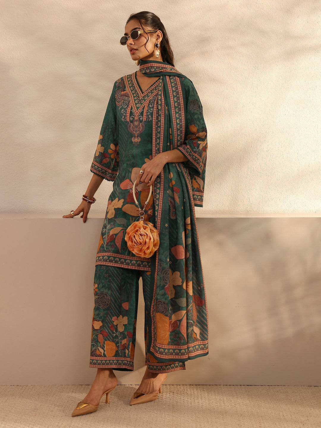 Teal Floral Printed Cotton Blend Straight Suit Set With Dupatta