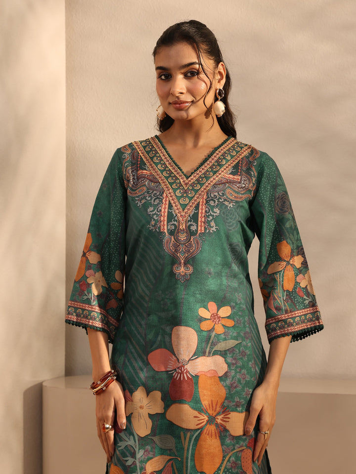 Teal Floral Printed Cotton Blend Straight Suit Set With Dupatta