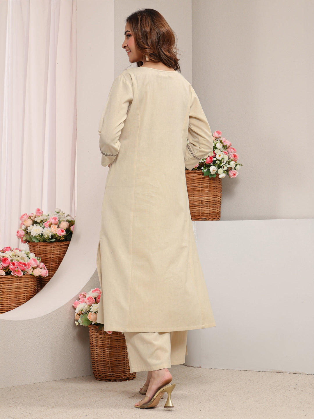 Off White Floral Embroidered Cotton Straight Kurta Set